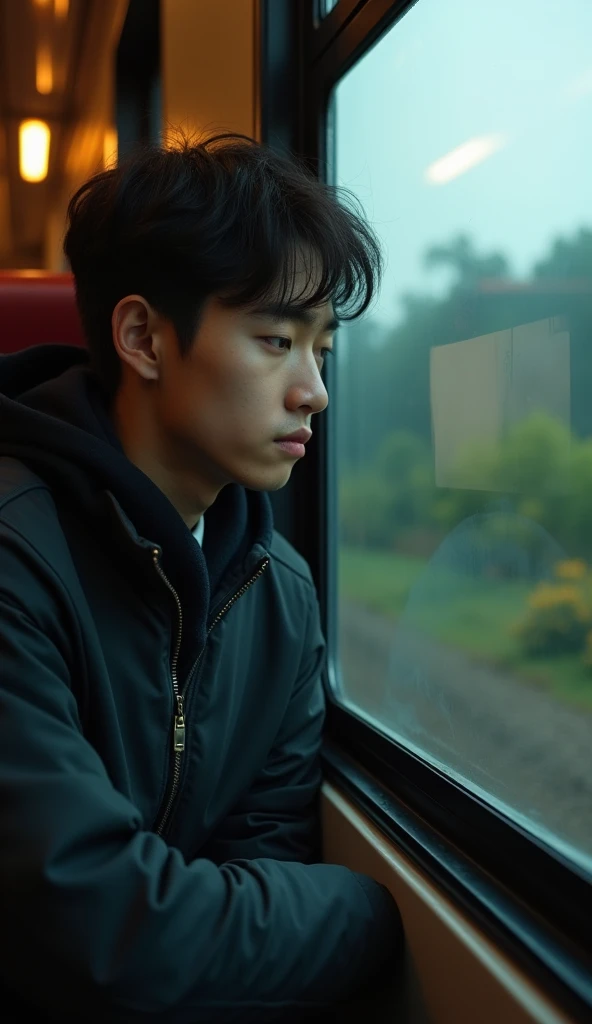 A high-resolution 4K image capturing a young man sitting alone by a train window, his face resting against the glass with a sad expression. The train is in motion, and outside the window, blurred trees, plants, and scenery pass by, creating a sense of move...