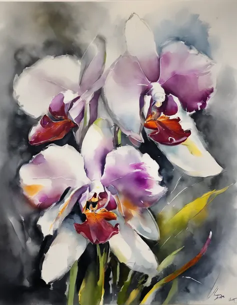 ((materpiece)), ((best quality)), ((high-res)), ((Ink wash)), ((artist)), ((extremly details)), beautiful orchid flowers, neon colors