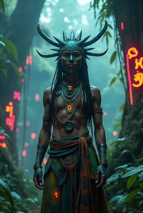 A high-resolution brightly lit photorealistic photograph of a cyberpunk tech wear shaman wearing shamanic ornaments and face mask tribals with tribal clothings and colourfull masks in uv green and blue with criptic signs glowing on the fabric standing by a...