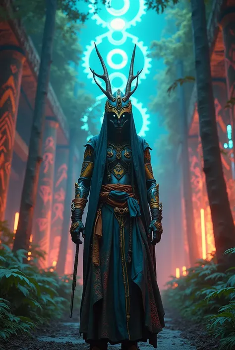 A high-resolution brightly lit photorealistic photograph of a cyberpunk tech wear shaman wearing shamanic ornaments and face mask tribals with tribal clothings and colourfull masks in uv green and blue with criptic signs glowing on the fabric standing by a...