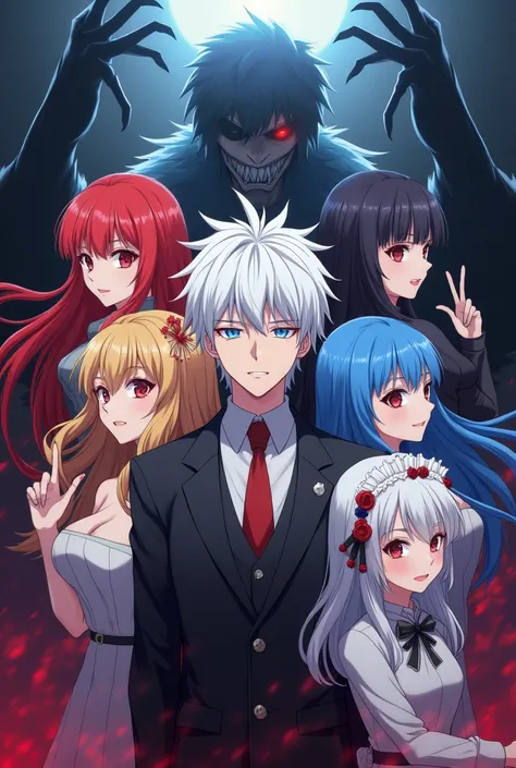 Make a light novel cover, in the center is a male character with white anime hair, Surrounded by a blonde girl, A red-haired girl, one with black hair, One with blue hair and a cute one with white hair, in the background of the image there is a malevolent ...