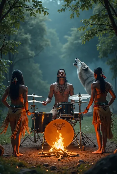 In a forest with a campfire,  une meute de loups qui hurle, 2 beautiful Indian women can be seen dressed and dancing around a male Indian leader who is playing a large, modern drum set with multiple toms and cymbals in the middle.