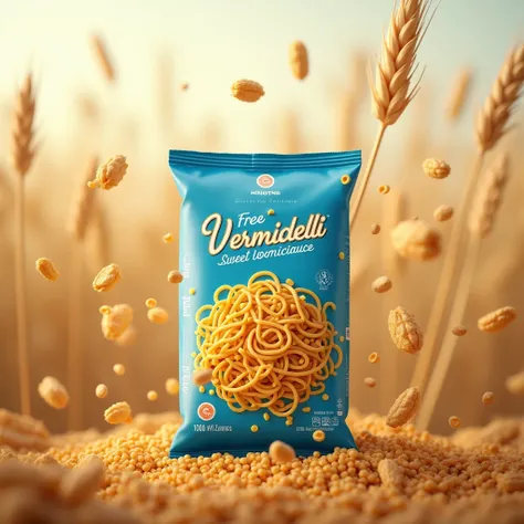 Create a social media ad for sweet vermicelli pack with flying wheats and a blurry wheat field in the background realistic blue gold colour scheme 