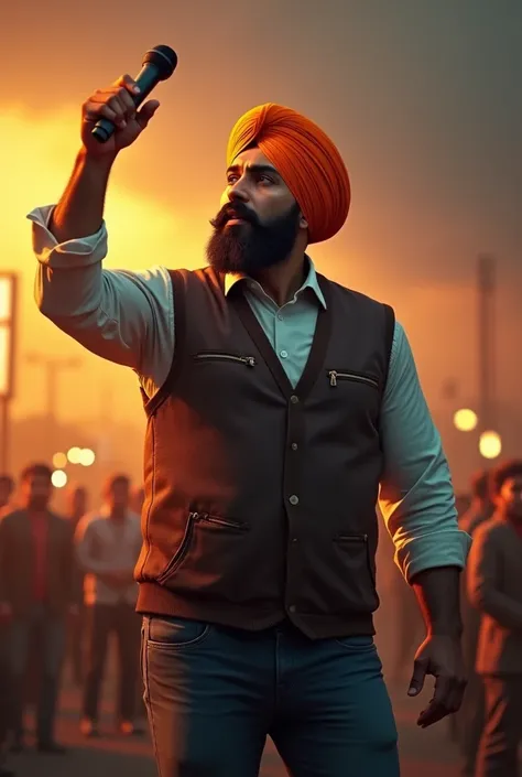 a sikh man reporter, wearing a vest, muscular build, one hand raised up, holding a microphone, dramatic expression, photorealistic, ultra-detailed, 8k, best quality, masterpiece, cinematic lighting, golden hour, vibrant colors, intricate details