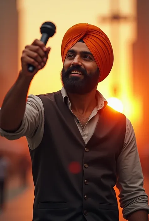 a sikh man reporter, wearing a vest, muscular build, one hand raised up, holding a microphone, dramatic expression, photorealistic, ultra-detailed, 8k, best quality, masterpiece, cinematic lighting, golden hour, vibrant colors, intricate details