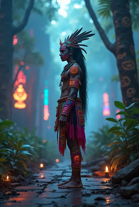 A high-resolution brightly lit photorealistic photograph of a cyberpunk tech wear shaman wearing shamanic ornaments and face mask tribals with tribal clothings and colourfull masks in uv green and blue with criptic signs glowing on the fabric standing by a...