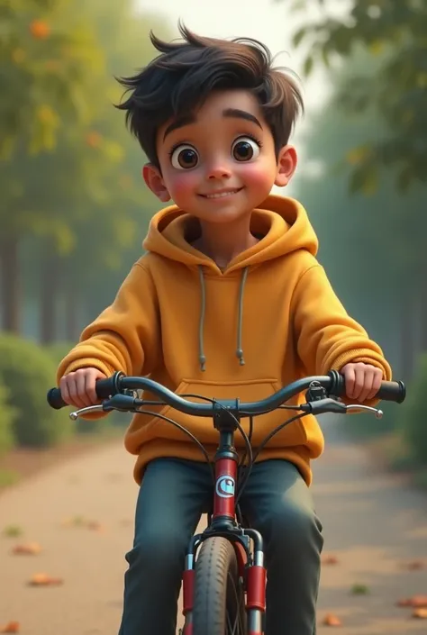 A boy named Ganesh siting on bike
 
Wearing hoody
