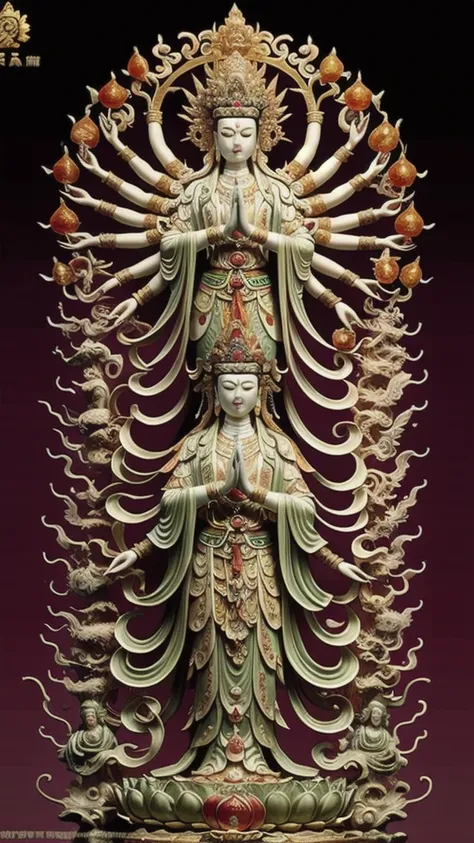 statue of guan yin made of jade and jewelry, crystal clear and shinning, beautyfull  face, multiple hands holding some treasure ...