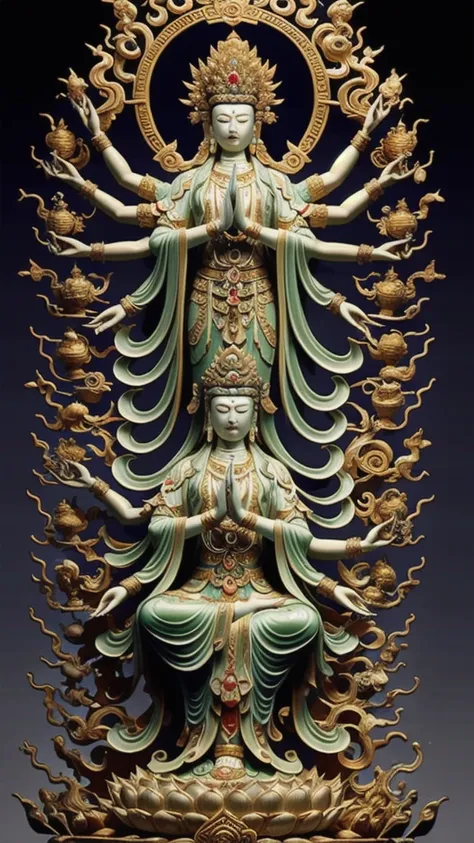 statue of guan yin made of jade and jewelry, crystal clear and shinning, beautyfull  face, multiple hands holding some treasure ...