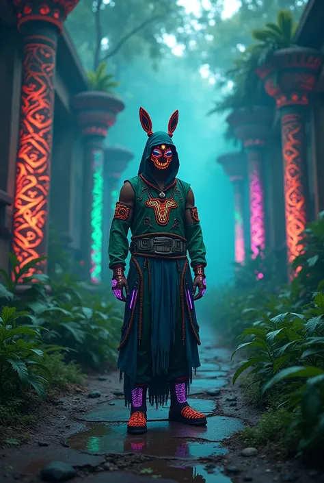 A high-resolution brightly lit photorealistic photograph of a cyberpunk tech wear shaman wearing shamanic ornaments and face mask tribals with tribal clothings and colourfull masks in uv green and blue with criptic signs glowing on the fabric standing by a...