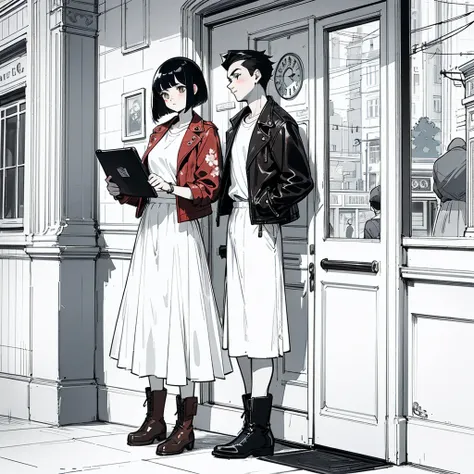 Anime-style illustration of a stylish couple outside a vintage café. Young man with black hair wearing a brown leather jacket and white t-shirt, leaning against the café door. Red-haired girl with bob cut in a red leather jacket and white floral-patterned ...