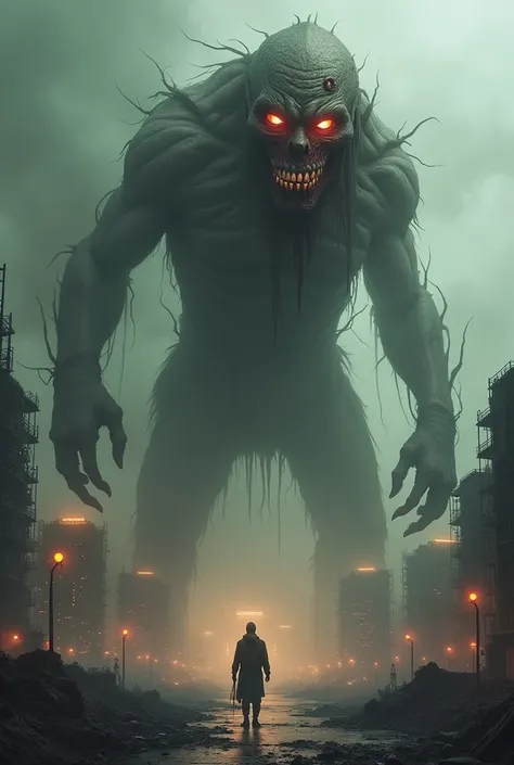 Mango , monster , glowing, sky, building, glowing_eyes, smoke, outdoors, blood, zombie, city, teeth, giant