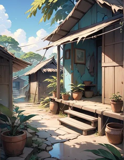 wide view, indian hut, cracked walls, blue faded paint, stairs, banyan tree outside, blue pinkish sky, evening time, earthy tones, clothes hanging on wire, windy, plant pots outside, old broken small gate, mud verandah, shed, cozy atmosphere, micro landsca...