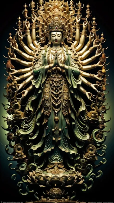 statue of guan yin made of jade and jewelry, crystal clear and shinning, beautyfull  face, multiple hands holding some treasure ...