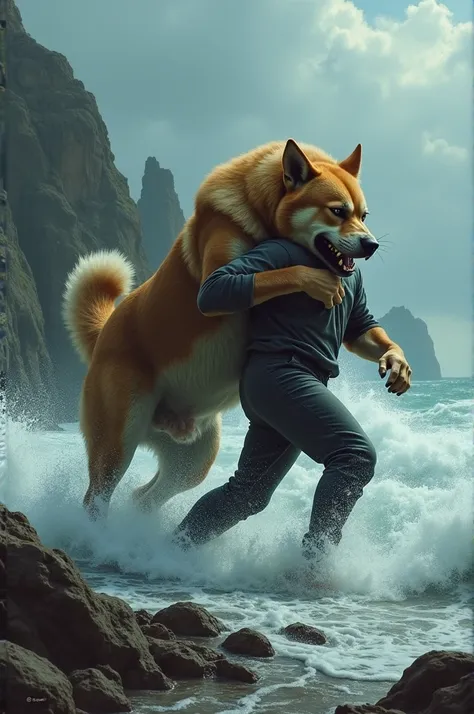 A dog drag a person into the sea