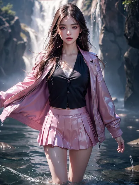 8k, masterpiece, 1 girl, beautiful face, ((very long hair)), glossy makeup, closed mouth, (glossy skin:1.5), detailed eyes, detailed lips, small bust, pink short jacket, lavender vest, ((pink mini skirt)), ((under pants)), ((bare thigh)), straps clothing, ...