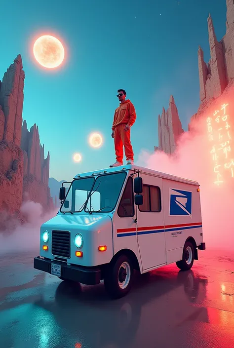 Music video set design idea for a mail truck with a musician on top of the mail truck