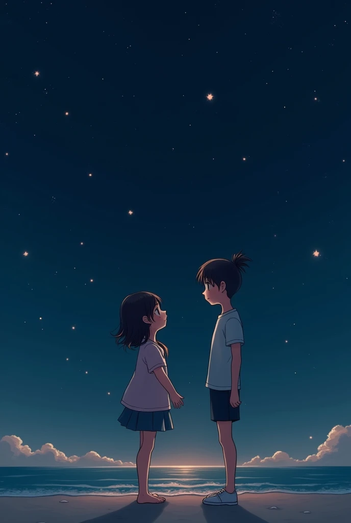 Image of a chubby girl and a skinny boy with specks in the beach side going for a dating the girl. Get shy and both of them. Looking at the sky the starts are covered in. That dark. Sky