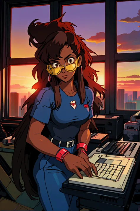 cowboy bebop black female character, dark skinned, black girl, 30, long hair, brown eyes, blue light, wearing streetwear, typing at a computer, red glasses, programmer, gamer, panoramic window view of miami, sunset, luxury decor