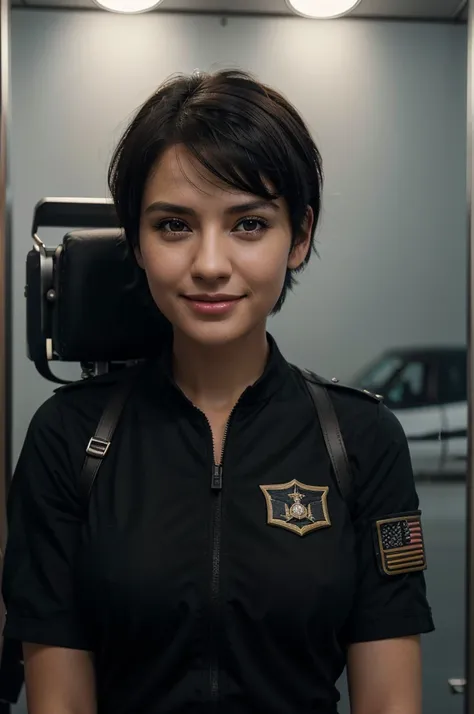 1girl, solo, black short hair, aviation uniform, smile, looking at viewer, hazel eyes, aviation background, masterpiece, depth of field, cinematic lighting, head shot, (photo-realistic:1.37)