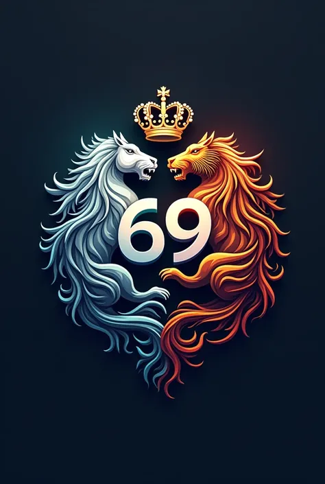 Create a logo with the number 69 in the center, a horse and a tiger on the left and right in the Yin Yang style, and a crown and a rocket.