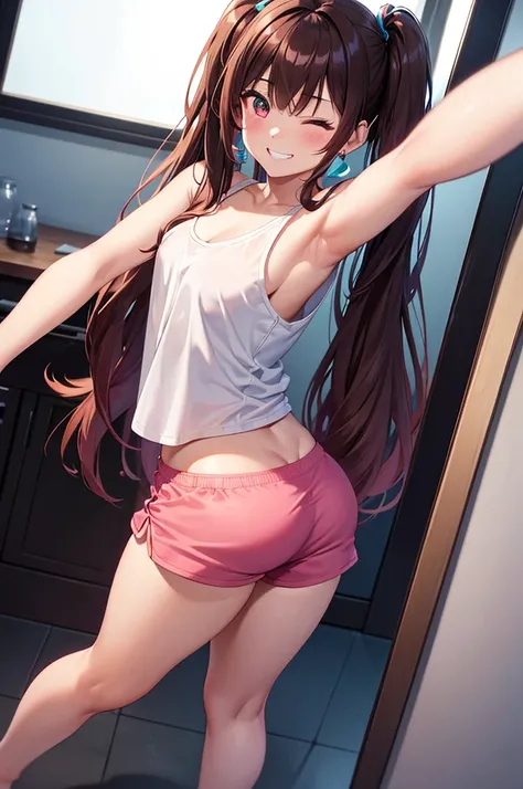 A beautiful girl taking a selfie with her phone, anime girl, inside the house, from behind, dark brown hair, gradient hair with red tips, long hair, twintails, wavy hair, long bangs, shiny hair, cat hair ornament, aqua eyes, glowing eyes, one eye closed, p...