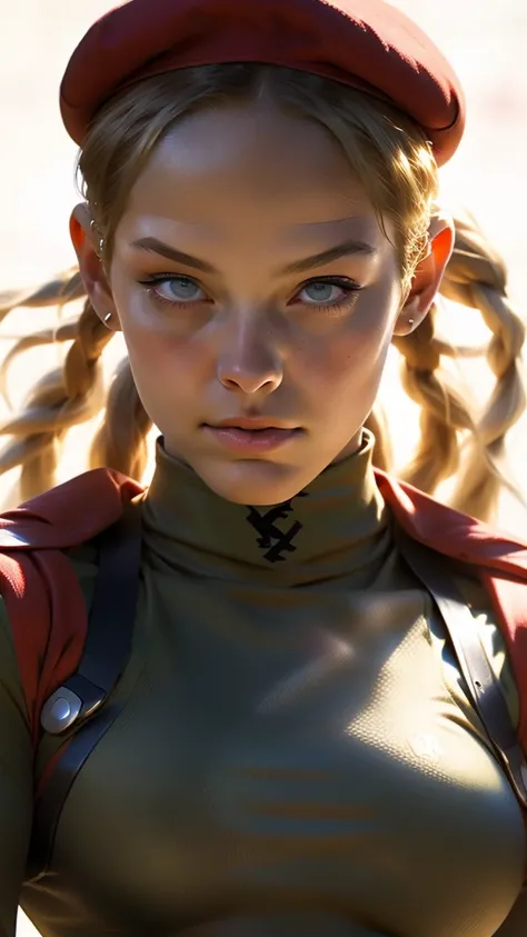 ((portrait shot)) (((Street Fighter Cammy))) in military clothing, red beret,blonde double braids hairstyle,camouflage top,masterpiece, best quality, (head:1.3), finely detailed skin, cleavage, war zone,  blurred background, bokeh