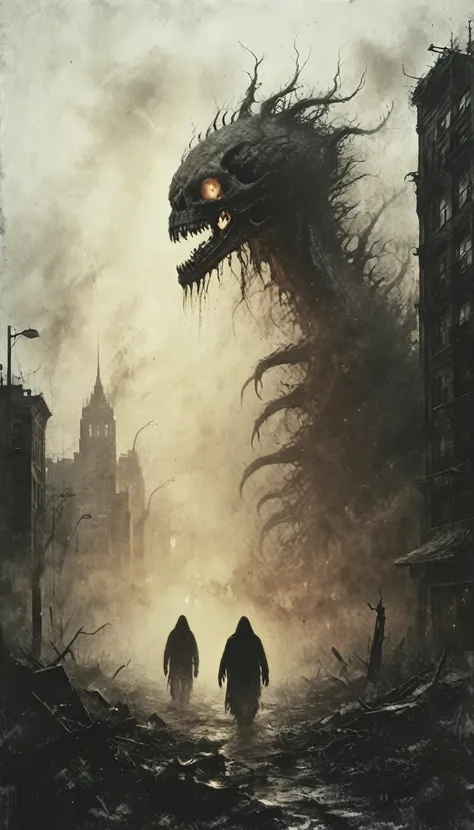 A hyper-realistic 8K image of a sprawling metropolis engulfed in flames and smoke. The Skeletal Abomination towers over the city, its colossal, bone-white body a stark contrast against the dark, smoky sky. The creatures skeletal frame is a twisted, grotesq...