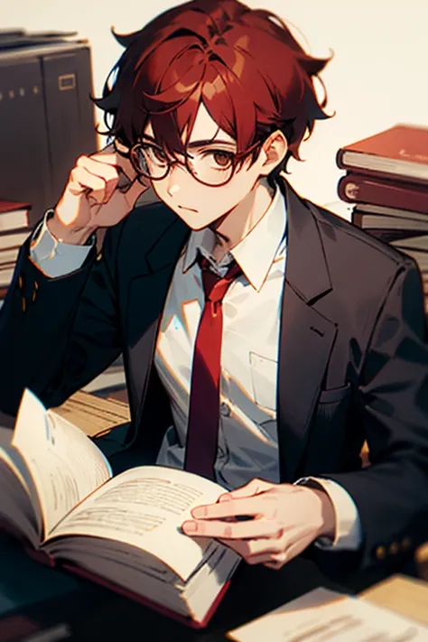 1 man. Brown eyes, Glasses. dark red hair. White shirt, Red tie, black jacket. with the book 