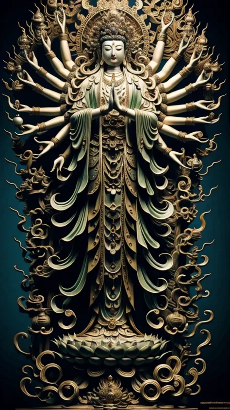 statue of guan yin made of jade and jewelry, crystal clear and shinning, beautyfull  face, multiple hands holding some treasure ...