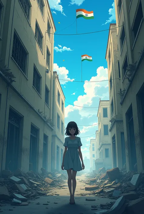 Anime art of a alone woman in a demolished hospital on 🇮🇳 independence day