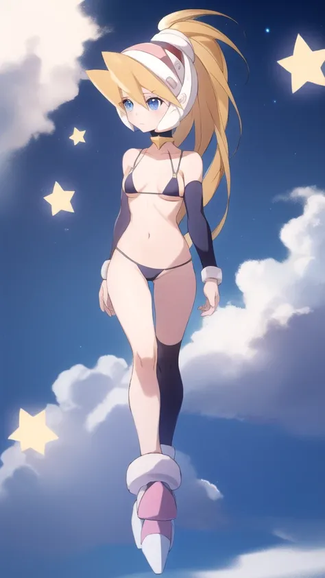 ciel_megamanz, 1girl, solo, long hair, blue eyes, blonde hair, ponytail, headgear, looking away, star (sky), micro bikini 