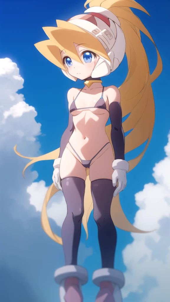 ciel_megamanz, 1girl, solo, long hair, blue eyes, blonde hair, ponytail, headgear, looking away, star (sky), micro bikini 