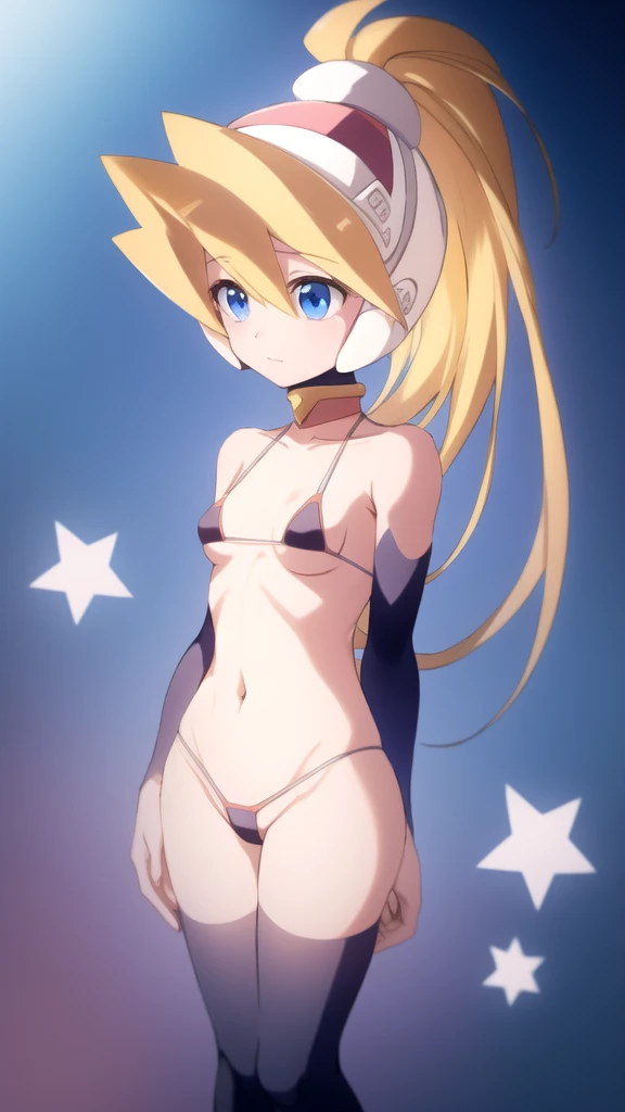 ciel_megamanz, 1girl, solo, long hair, blue eyes, blonde hair, ponytail, headgear, looking away, star (sky), micro bikini 