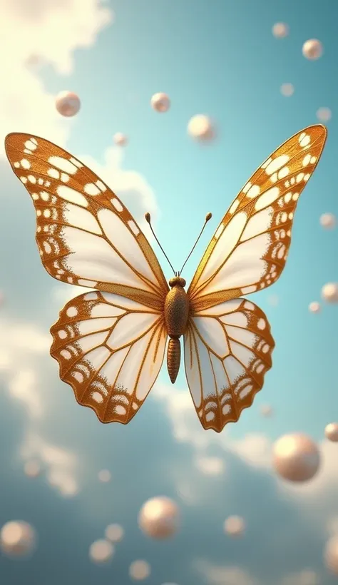 There is a diamond and milky title "Doux Méchants" written on a beautiful white and golden butterlfy. Some pearls ((blurry)) falling from thevsky in the background of butterfly. A 3D, fantasy, adventure, realistic and aesthetic poster.