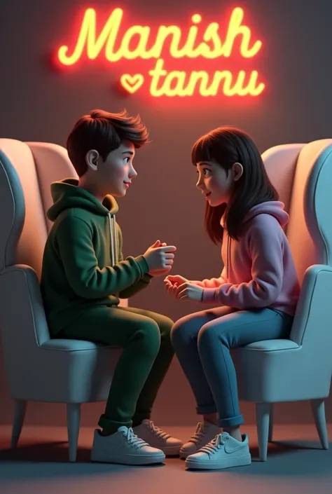 Create a realistic 3D image of a 18-Year-old cute boy and girl, in a green hoodie sit casually on a white Wingback chair. Wearing sneakers, and sunglasses, he looks ahead The boy is proposing with a ring too, “Manish ❤️ tannu” is written in Yellow and Red ...