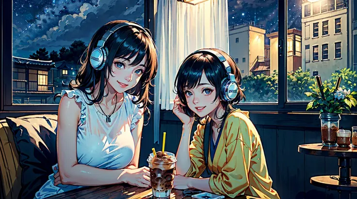 ((8k of extremely detailed CG unit, Masterpiece, high resolution, highest quality, highest quality real texture skin)), (((Cute room))), (((Japanese style headphones))), (((iced coffee))), (((Smiling and listening to music))), ((1 girl)), (Black hair, mess...