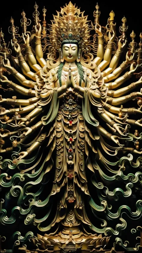 statue of guan yin made of jade and jewelry, crystal clear and shinning, beautyfull  face, multiple hands holding some treasure ...