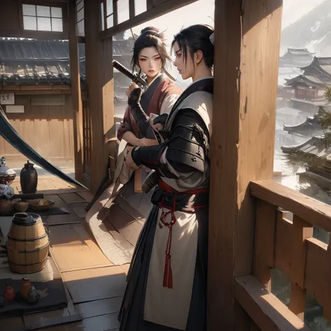 Beautifully drawn, high quality, ultra-detailedv Date Masamune as a young samurai, sword in hand, causing chaos, realistic depiction of a traditional Japanese setting"

