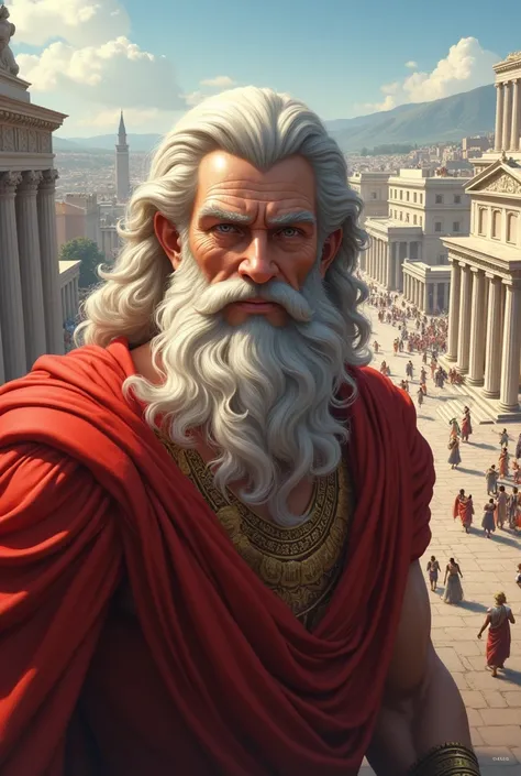 the god zeus, with a naughty smile, and with a Greek-style city in the background