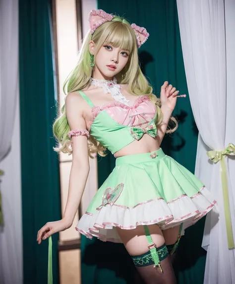 An unparalleled masterpiece, Ultra-realistic 8K , Perfect artwork、British Teen Culture Fashion、Garter Stockings、Sexy and colorful、A lime green idol-style outfit,、((mini skirt))、Frills、Glitter fashion for women、Detailed face、Perfect Face、Perfect Eyes、High r...