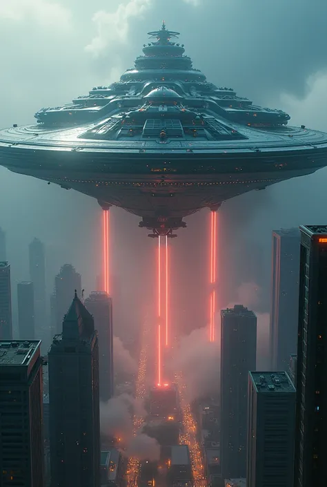 a detailed alien spacecraft, massive alien mothership, futuristic alien technology, alien attack laser beams, alien lightning strikes, tilt-shift photography, cityscape of KLCC, photorealistic, cinematic lighting, dramatic angles, hyperrealistic, intricate...