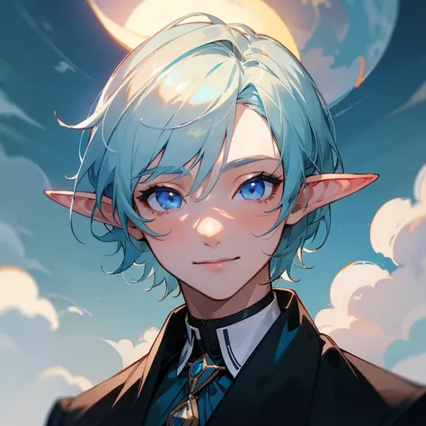 Masterpiece, best quality, 1boy, Solo, colorfull (finely detailed beautiful eyes and detailed face), Cinematic lighting,has Pastel Blue eyes, has Elf ears, Blue eyes, has Blue short hair, bust shot, extremely detailed CG unity, 8k wallpaper, sky, cloudy sk...