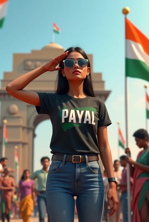 Create  an ai image of 18-year-old girl full image in a black and white t-shirt with “PAYAL” boldly written on it, paired with blue jeans and sunglasses. She is saluting a large Indian flag, with India Gate and Red Fort in the background, surrounded by the...