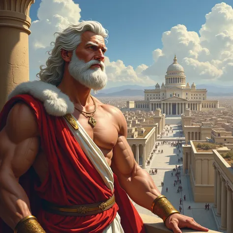 the god zeus, with a naughty smile, and with a Greek-style city in the background
