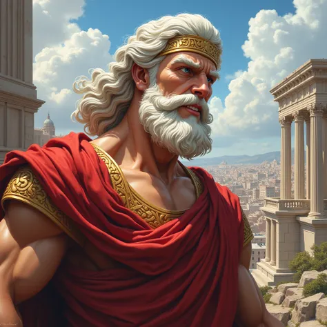 the god zeus, with a naughty smile, and with a Greek-style city in the background
