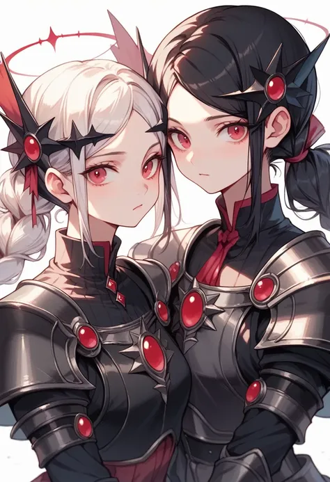 two beautiful knight sisters wearing black lightweight knight armor, one white haired, one black haired, crimson eyes, castle background, cute, kawaii, sexy, hd, 4k