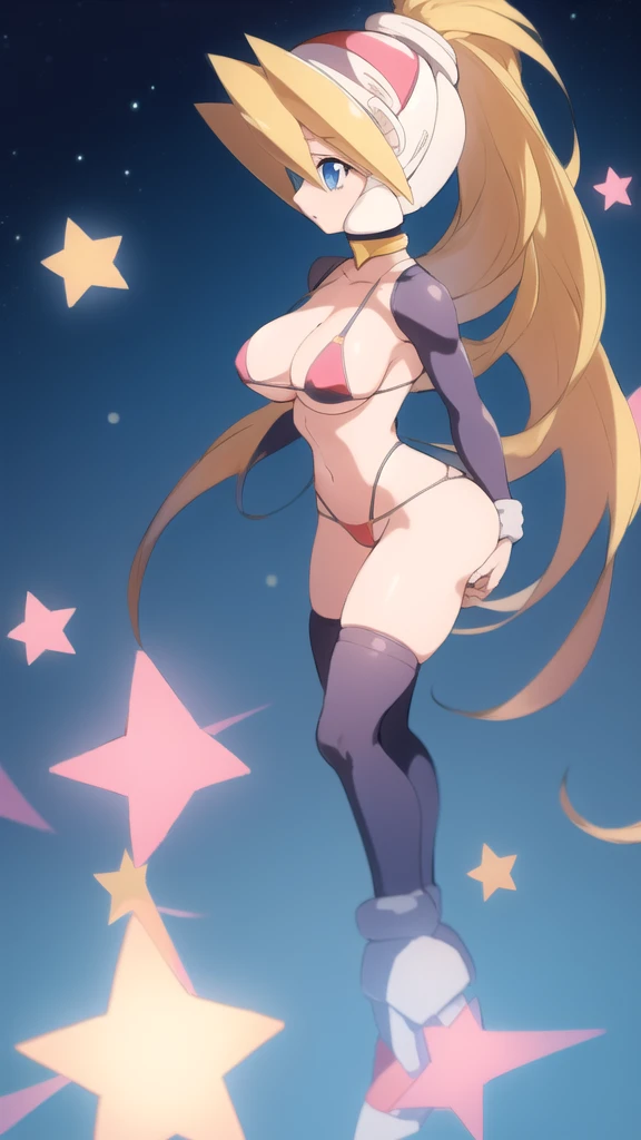 ciel_megamanz, 1girl, solo, long hair, blue eyes, blonde hair, ponytail, headgear, looking away, star (sky), micro bikini , large breasts, large ass