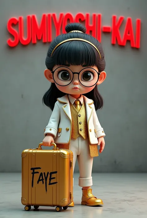 Create realistic 3rd image of 6 years old   girl  wearing mafia style  and eye glasses and wearing  mafia outfit gold and white combination on it.name in  suitcase "FAYE "3rd letter curve style on it. be careful to the spelling of each letter on it.and the...