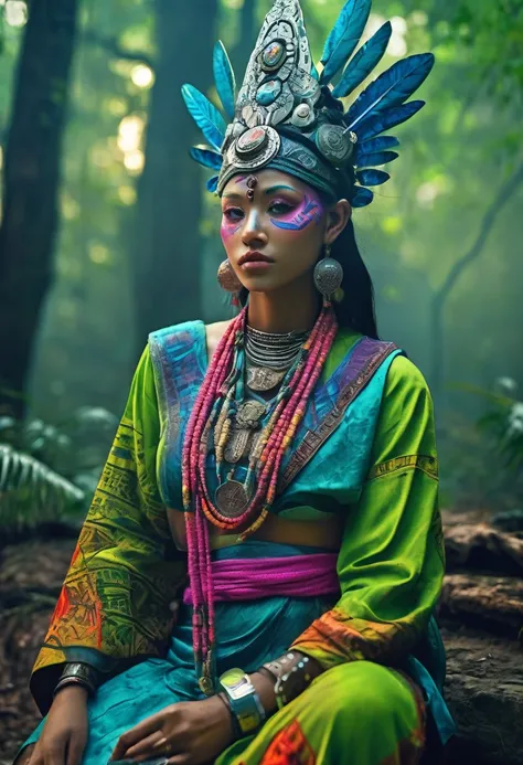 A high-resolution brightly lit photorealistic photograph of a cyberpunk tech wear shaman wearing shamanic ornaments and face mask tribals with tribal clothings and colourfull masks in uv green and blue with criptic signs glowing on the fabric standing by a...